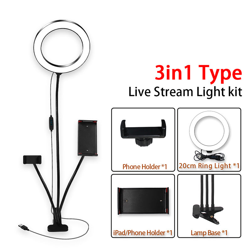 Kit de aro de luz LED de 8 pulgadas para maquillaje, tutoriales, vídeos de YouTube y retransmisiones en directo, con soporte para iPad, micrófono, teléfono y selfies