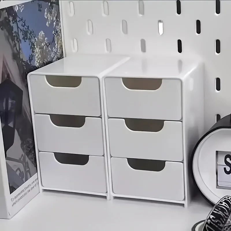 Organizador de escritorio de 3 niveles con cajones, adecuado para guardar artículos de papelería, joyas y cosméticos; caja portátil con compartimentos.