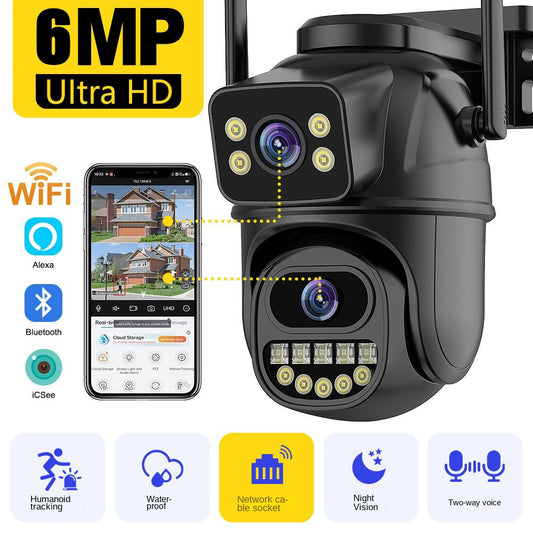 Cámara de vigilancia WiFi inalámbrica para exteriores con doble pantalla, control remoto por móvil y rotación de 360 grados.