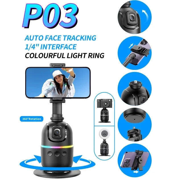 Gimbal Inteligente P03 con IA – Seguimiento Facial Automático de 360°, Rotación Todo en Uno, Estabilizador y Soporte para Smartphone para Vídeos y Vlogs