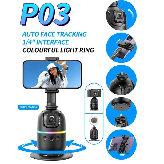 Gimbal Inteligente P03 con IA – Seguimiento Facial Automático de 360°, Rotación Todo en Uno, Estabilizador y Soporte para Smartphone para Vídeos y Vlogs