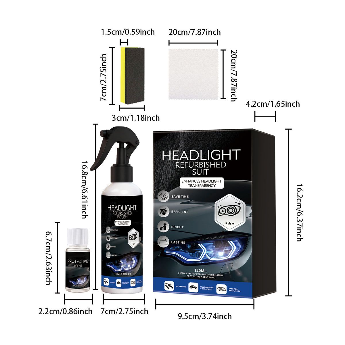 Kit transfronterizo de restauración de faros de coche: agente limpiador y pulidor profesional para eliminar el color amarillento y la oxidación, con protección UV de larga duración.