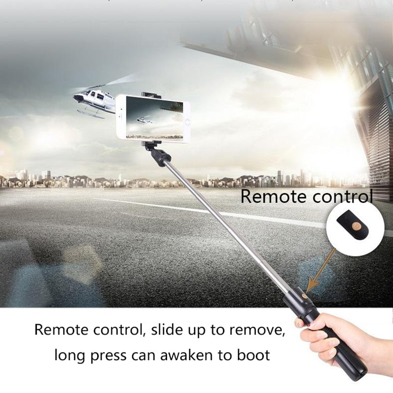Palo selfie Bluetooth con certificación CE, trípode con control remoto, soporte de teléfono para fotos y transmisiones en vivo, y trípode de cámara.