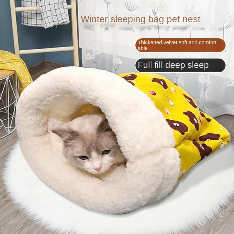 Cama para mascotas de invierno, semicerrada y cálida, con túnel para gatos y perros