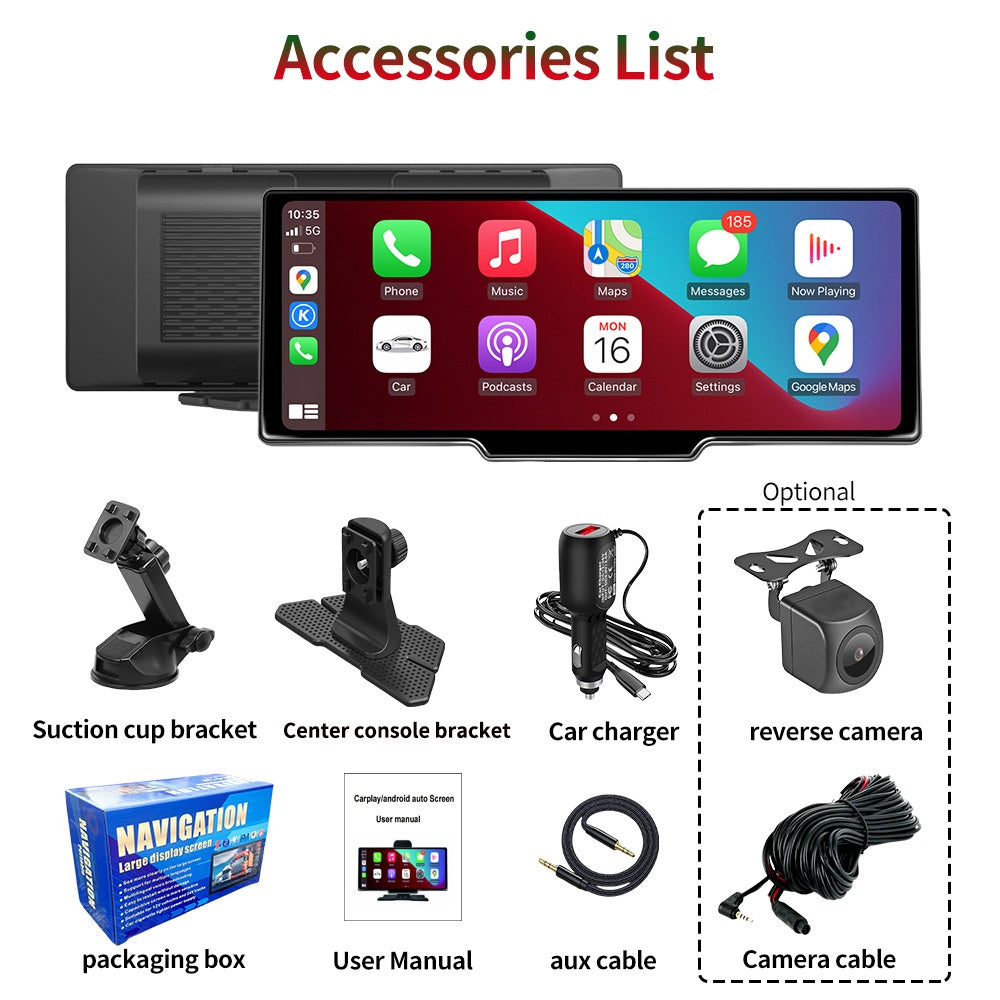 Pantalla inteligente portátil de 10,26 pulgadas para coche con CarPlay inalámbrico, Android Auto, Bluetooth y cámara trasera AHD