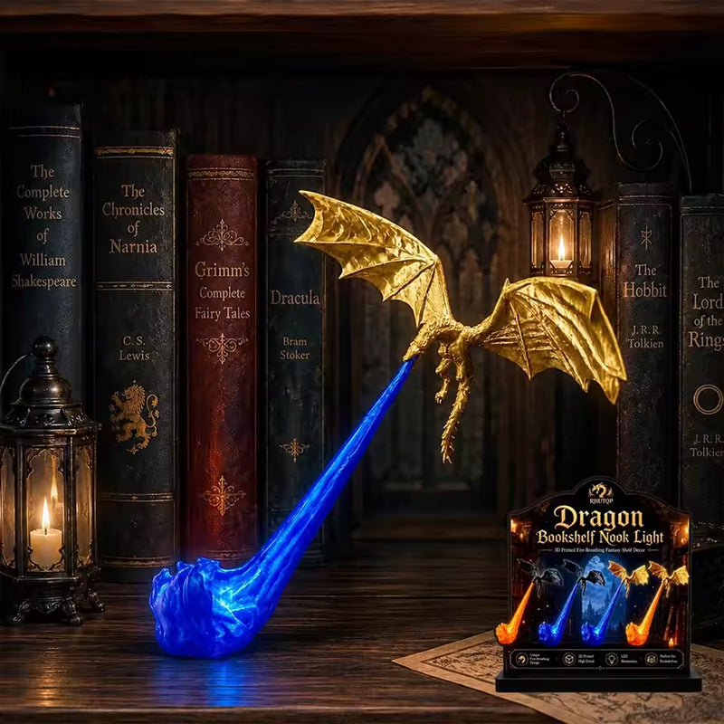 Luz de Estantería 3D con Dragón y Fuego – Sujetalibros LED con Dragón Volador, Lámpara de Esquina, Regalo Original para Amantes de los Libros y Decoración de Halloween