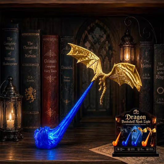 Luz de Estantería 3D con Dragón y Fuego – Sujetalibros LED con Dragón Volador, Lámpara de Esquina, Regalo Original para Amantes de los Libros y Decoración de Halloween