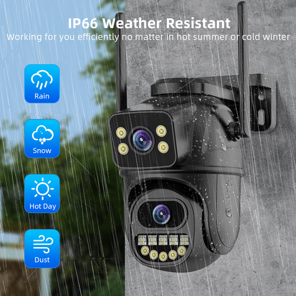 Cámara WiFi inalámbrica de doble pantalla con rotación de 360°, control remoto y monitorización exterior