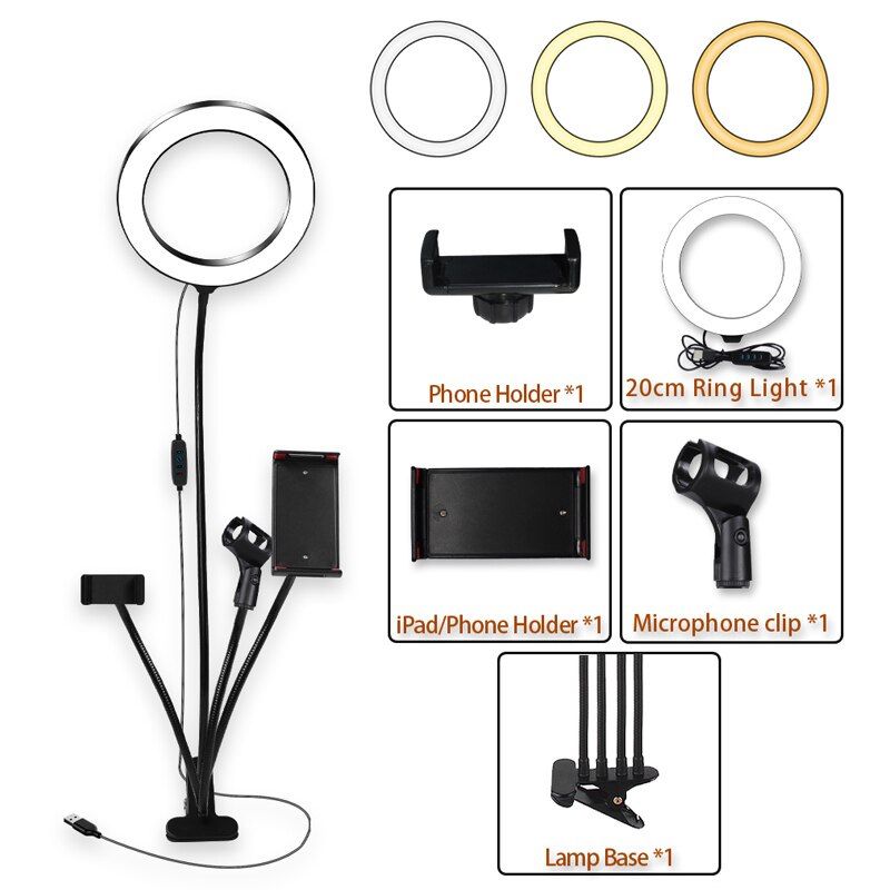 Kit de aro de luz LED de 8 pulgadas para maquillaje, tutoriales, vídeos de YouTube y retransmisiones en directo, con soporte para iPad, micrófono, teléfono y selfies