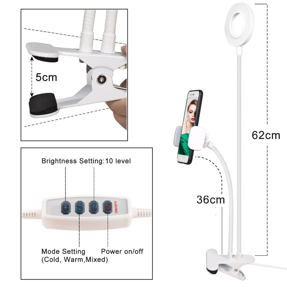 Aro de luz LED de estudio para selfies con soporte de teléfono móvil para transmisiones en vivo de YouTube y maquillaje, lámpara de cámara para iPhone y Android.
