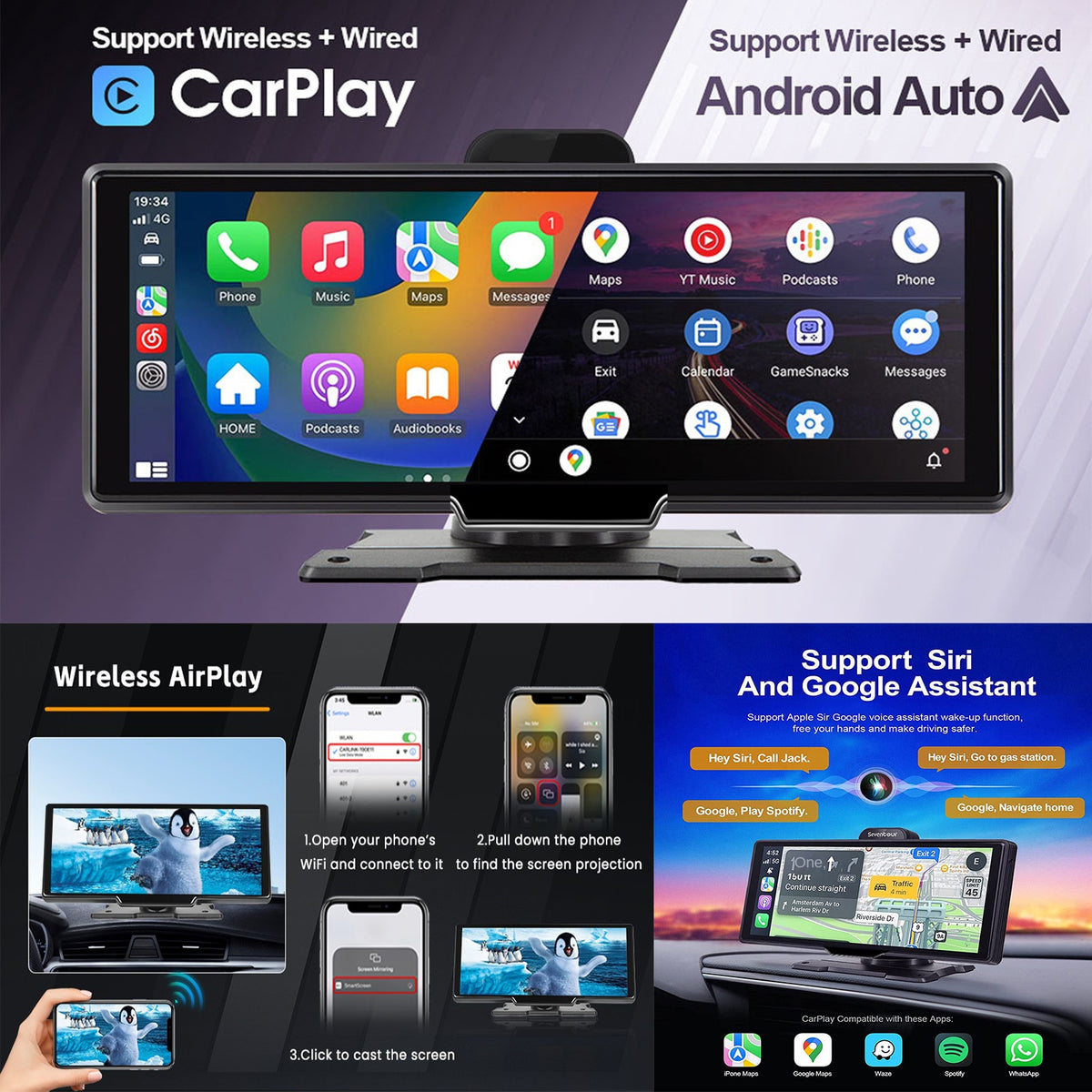 Pantalla inteligente portátil de 10,26 pulgadas para coche con CarPlay inalámbrico, Android Auto, Bluetooth y cámara trasera AHD