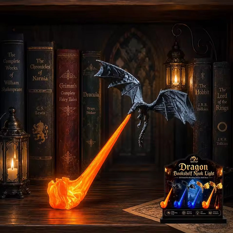 Luz de Estantería 3D con Dragón y Fuego – Sujetalibros LED con Dragón Volador, Lámpara de Esquina, Regalo Original para Amantes de los Libros y Decoración de Halloween