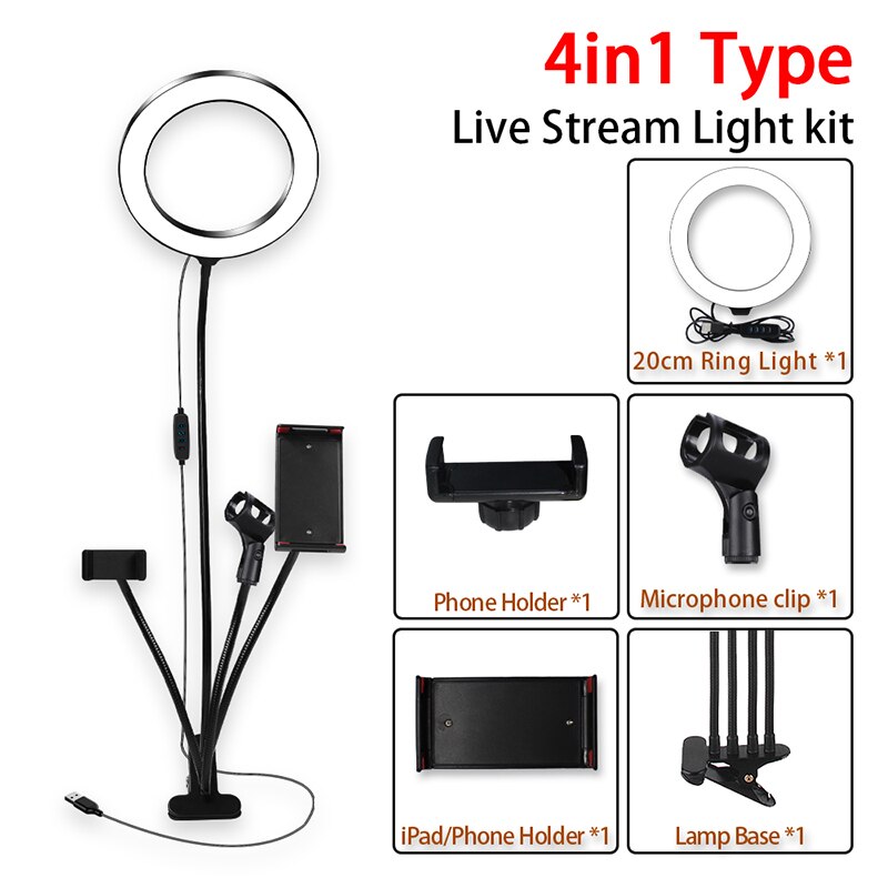 Kit de aro de luz LED de 8 pulgadas para maquillaje, tutoriales, vídeos de YouTube y retransmisiones en directo, con soporte para iPad, micrófono, teléfono y selfies