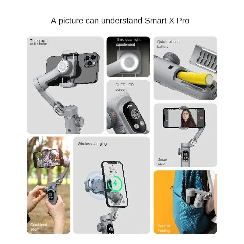 Estabilizador de Tres Ejes XPro para Teléfono Móvil – Gimbal Antivibración para Vídeos Cortos de TikTok, Vlogs, Grabaciones Portátiles y Retransmisiones en Directo