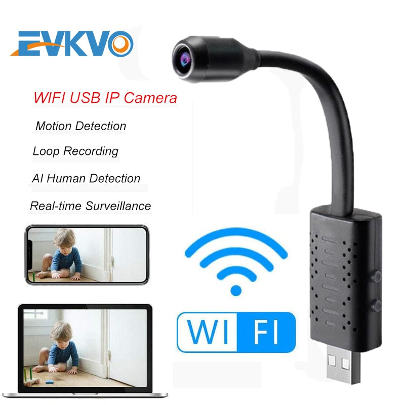 Cámara WiFi USB Mini EVKVO HD Inteligente – Cámara IP de Vigilancia en Tiempo Real con Detección de Personas mediante IA, Grabación en Bucle y Soporte para Tarjetas de hasta 64 GB