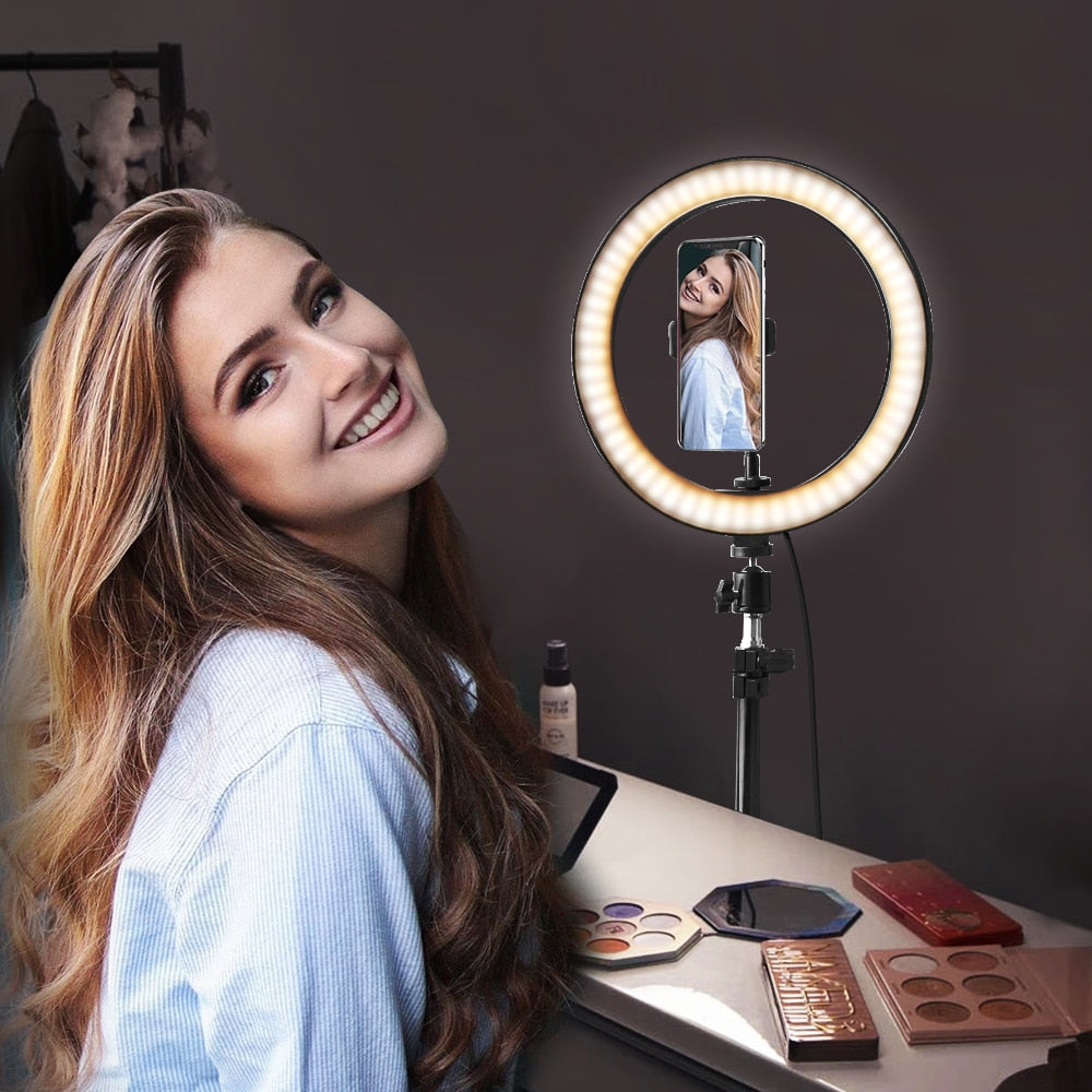 Aro de luz de 10 pulgadas (26 cm) con soporte - Anillo de luz LED Rovtop para cámara y selfies con trípode y soporte de teléfono para iPhone, para vídeo y fotografía.**