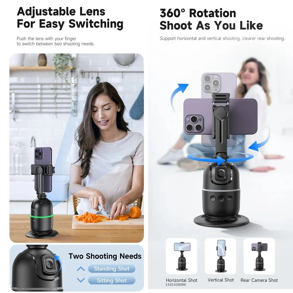 Gimbal Inteligente P03 con IA – Seguimiento Facial Automático de 360°, Rotación Todo en Uno, Estabilizador y Soporte para Smartphone para Vídeos y Vlogs