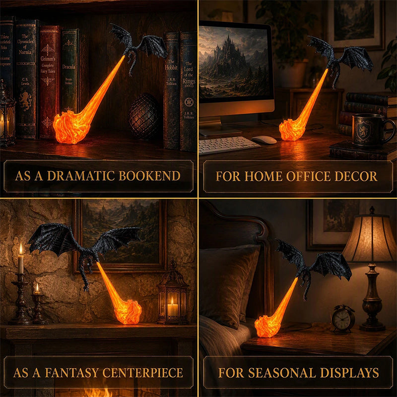 Luz de Estantería 3D con Dragón y Fuego – Sujetalibros LED con Dragón Volador, Lámpara de Esquina, Regalo Original para Amantes de los Libros y Decoración de Halloween