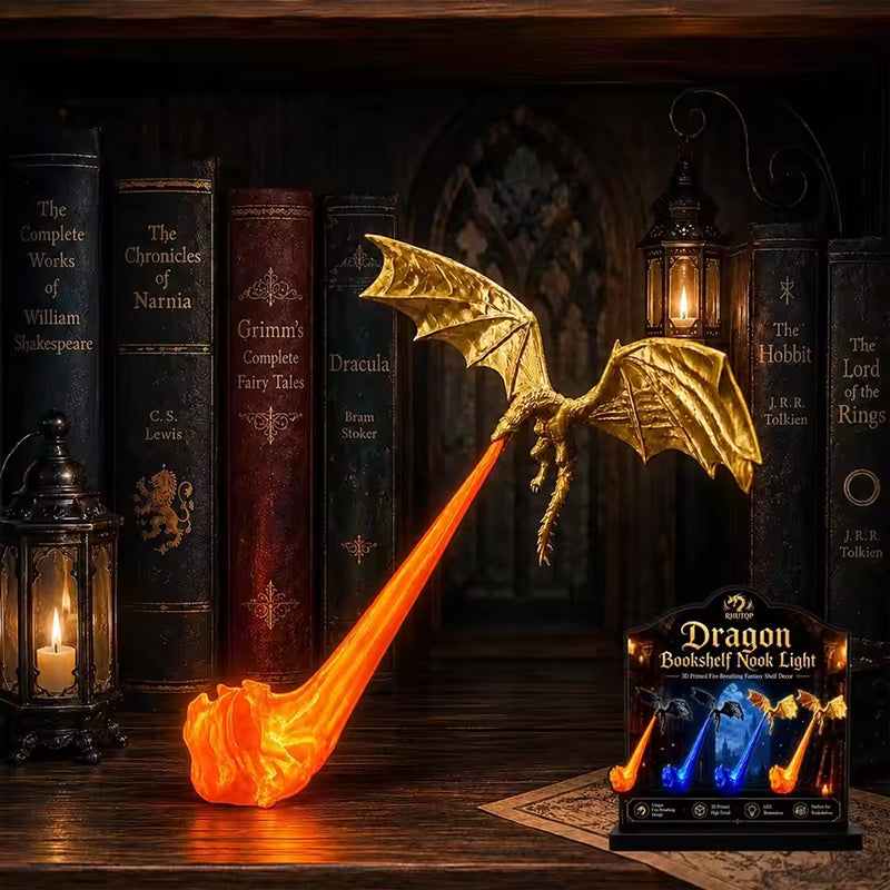 Luz de Estantería 3D con Dragón y Fuego – Sujetalibros LED con Dragón Volador, Lámpara de Esquina, Regalo Original para Amantes de los Libros y Decoración de Halloween