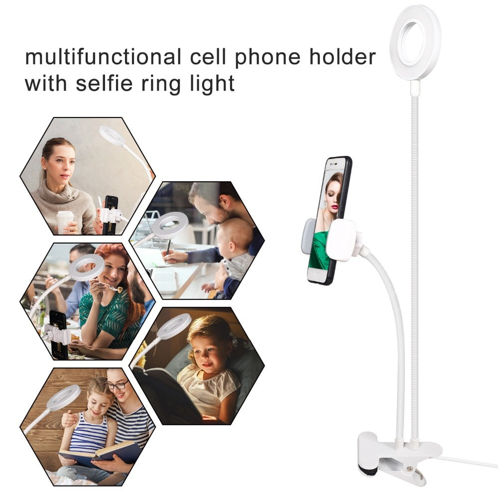 Aro de luz LED de estudio para selfies con soporte de teléfono móvil para transmisiones en vivo de YouTube y maquillaje, lámpara de cámara para iPhone y Android.