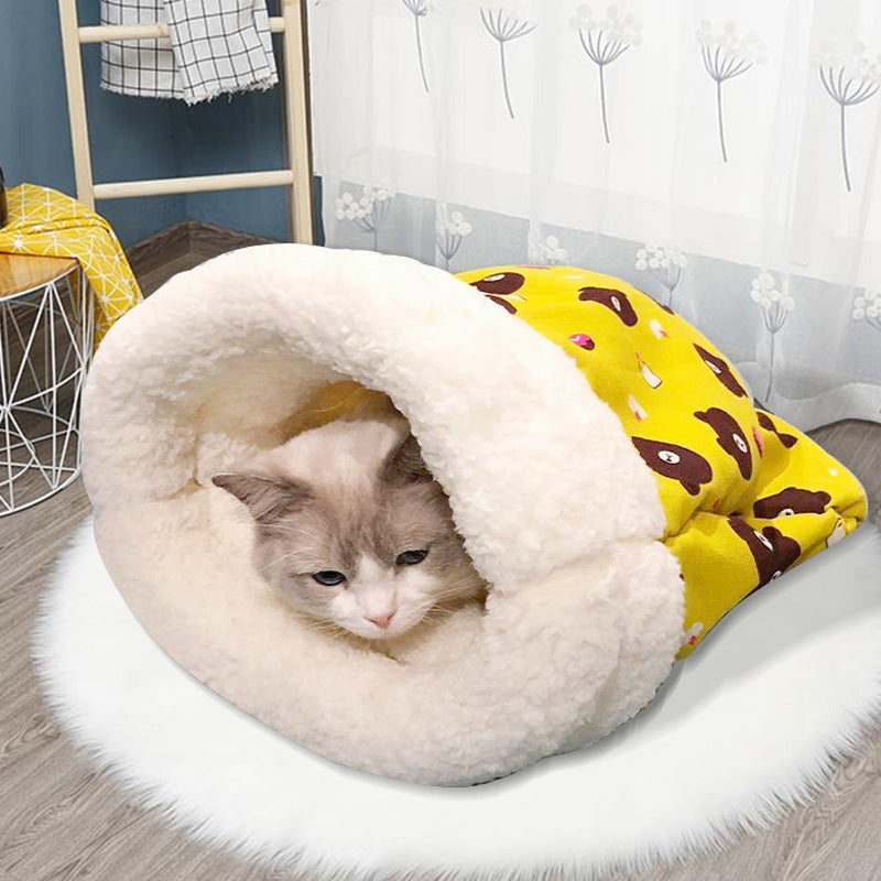 Cama para mascotas de invierno, semicerrada y cálida, con túnel para gatos y perros