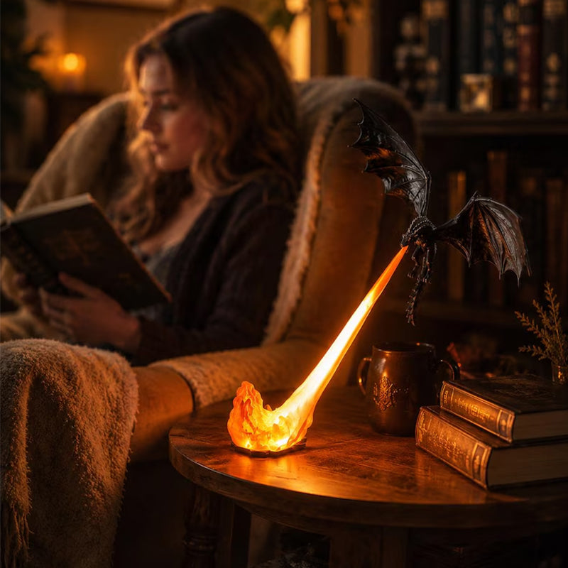 Luz de Estantería 3D con Dragón y Fuego – Sujetalibros LED con Dragón Volador, Lámpara de Esquina, Regalo Original para Amantes de los Libros y Decoración de Halloween
