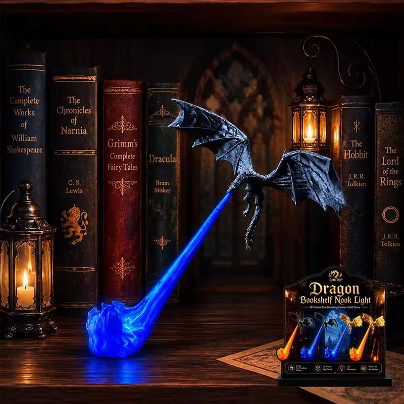 Luz de Estantería 3D con Dragón y Fuego – Sujetalibros LED con Dragón Volador, Lámpara de Esquina, Regalo Original para Amantes de los Libros y Decoración de Halloween