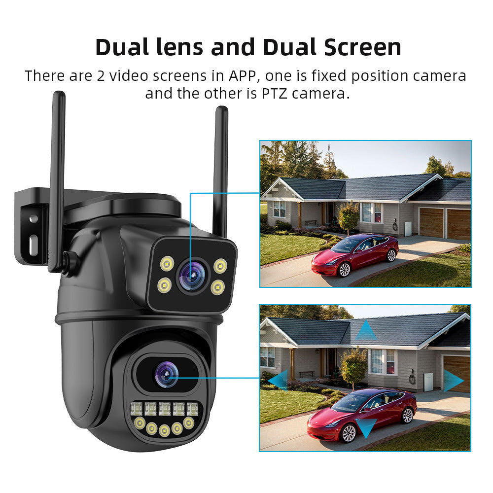 Cámara WiFi inalámbrica de doble pantalla con rotación de 360°, control remoto y monitorización exterior