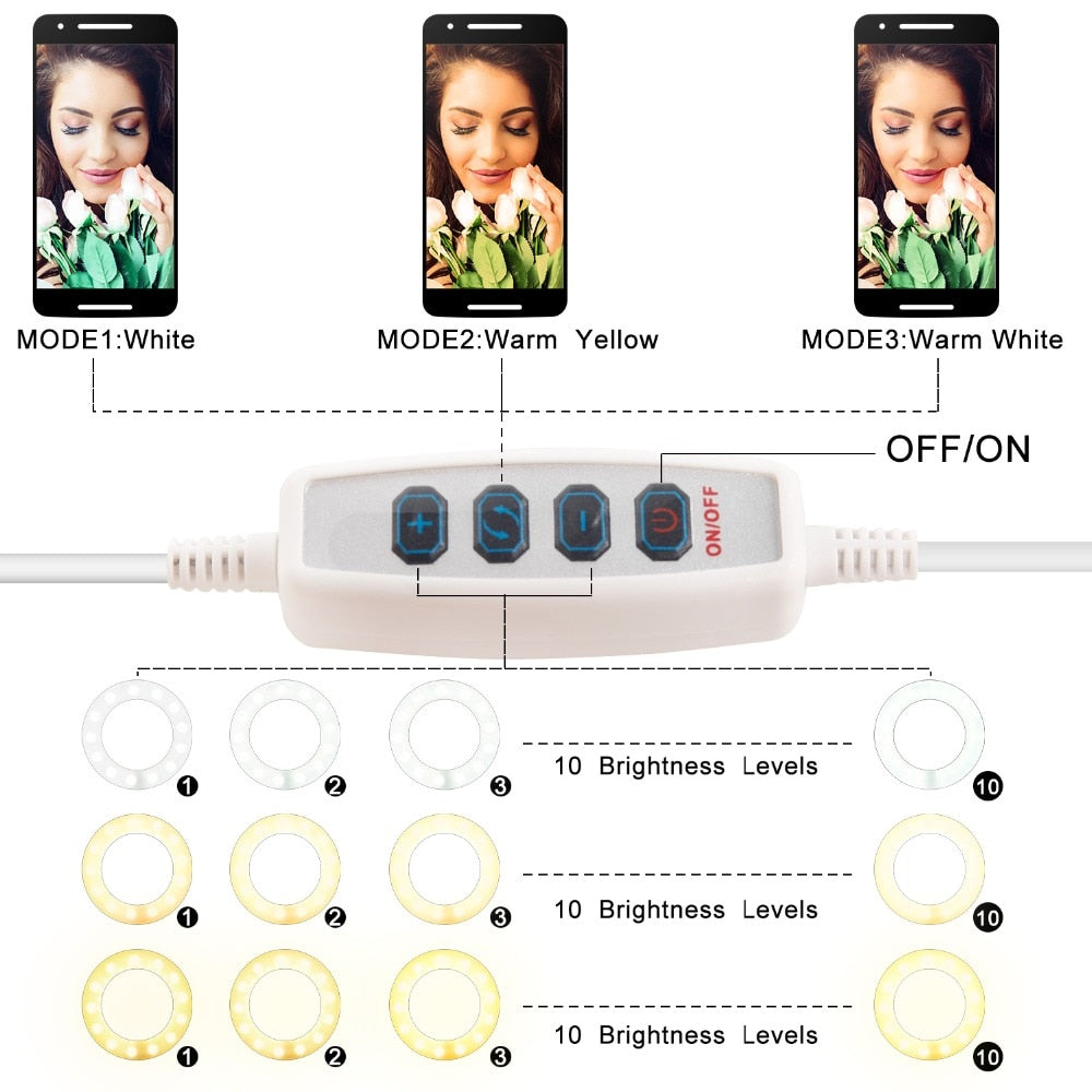 Aro de luz LED de estudio para selfies con soporte de teléfono móvil para transmisiones en vivo de YouTube y maquillaje, lámpara de cámara para iPhone y Android.