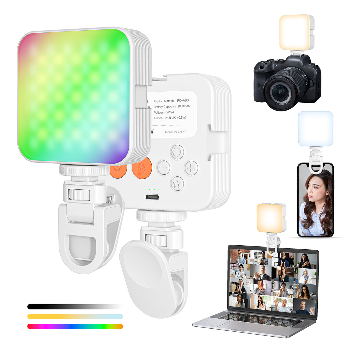 Luz de Bolsillo para Cámara – Mini Luz RGB de Ambiente para Teléfono Móvil, Luz de Relleno para Retransmisiones en Directo, Vlogs, Videoconferencias y Fotografía