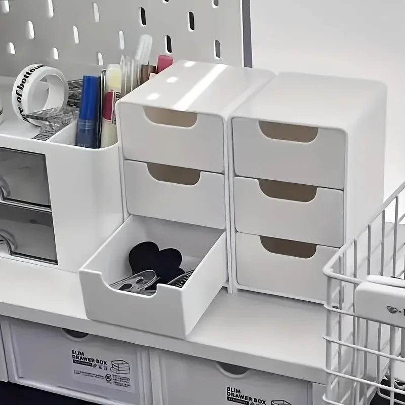 Organizador de escritorio de 3 niveles con cajones, adecuado para guardar artículos de papelería, joyas y cosméticos; caja portátil con compartimentos.