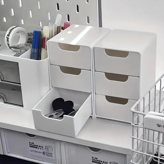 3-tier desk organizer with drawers, suitable for storing stationery, jewelry, and cosmetics; portable box with compartments.