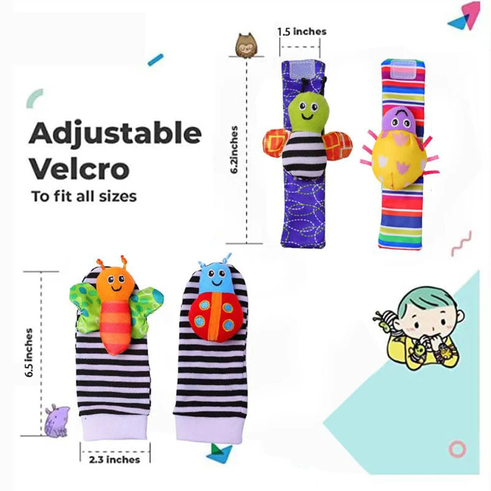 Set de 4 piezas de juguetes sonajeros para bebés: adorables animales de peluche, sonajeros de muñeca y calcetines localizadores de pies (0-24 meses); regalo para bebés recién nacidos, niños y niñas.