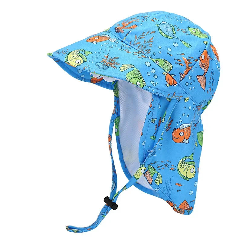 Nuevo sombrero tipo pescador de verano para niños y niñas; diseño de dibujos animados, malla transpirable, protección UV y ala protectora para la playa.