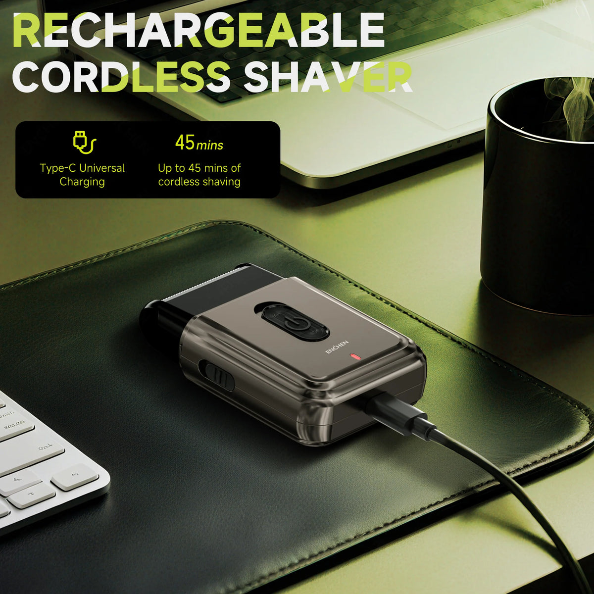 Afeitadora compacta de láminas ENCHEN MS003 con recortador de precisión desplegable, carga mediante Type-C con indicador y potente motor de 7000 RPM.