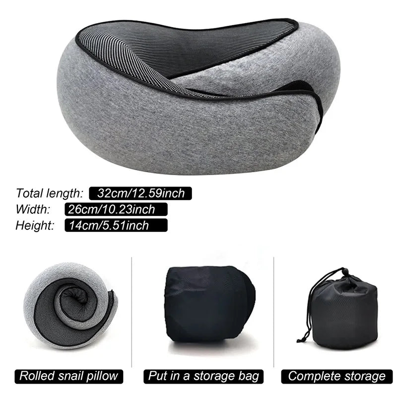 Almohada cervical de viaje de espuma viscoelástica en forma de U, estilo caracol, soporte cervical portátil ajustable y suave para dormir durante los viajes o descansar al mediodía.