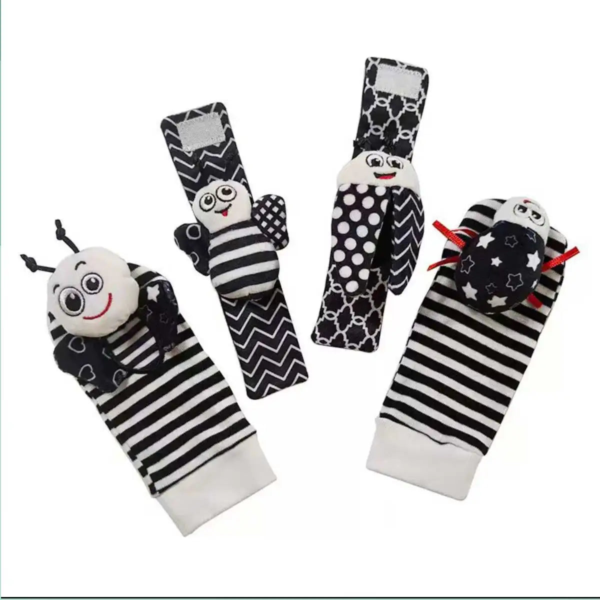 Set de 4 piezas de juguetes sonajeros para bebés: adorables animales de peluche, sonajeros de muñeca y calcetines localizadores de pies (0-24 meses); regalo para bebés recién nacidos, niños y niñas.