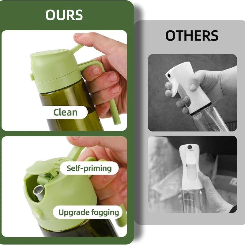Dispensador de aceite de oliva de plástico para cocina, accesorio para freidora de aire, pulverizador de aceite para cocinar, botella verde oscuro que bloquea la luz.