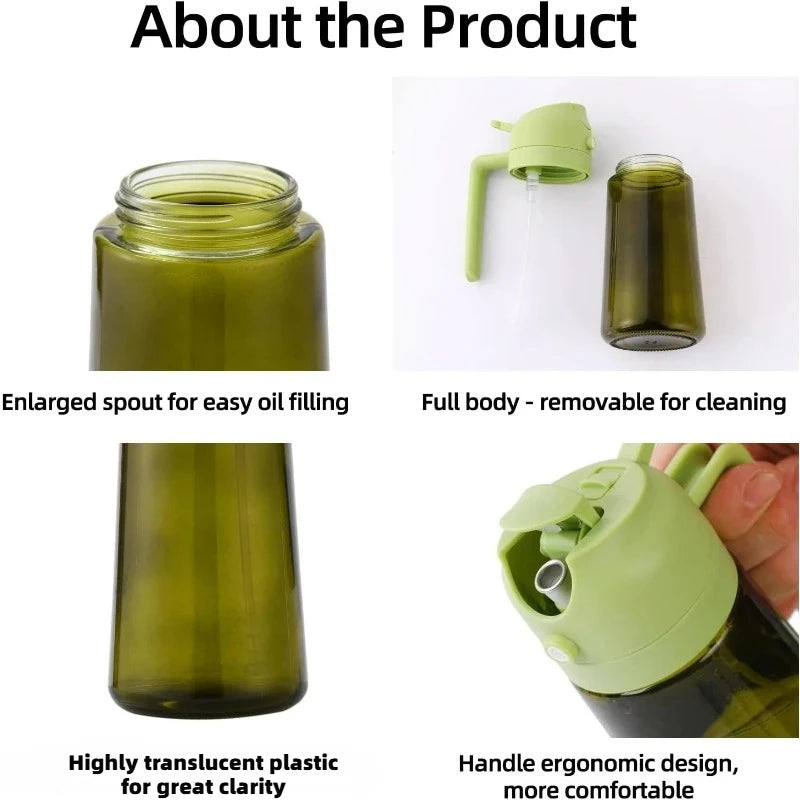 Dispensador de aceite de oliva de plástico para cocina, accesorio para freidora de aire, pulverizador de aceite para cocinar, botella verde oscuro que bloquea la luz.