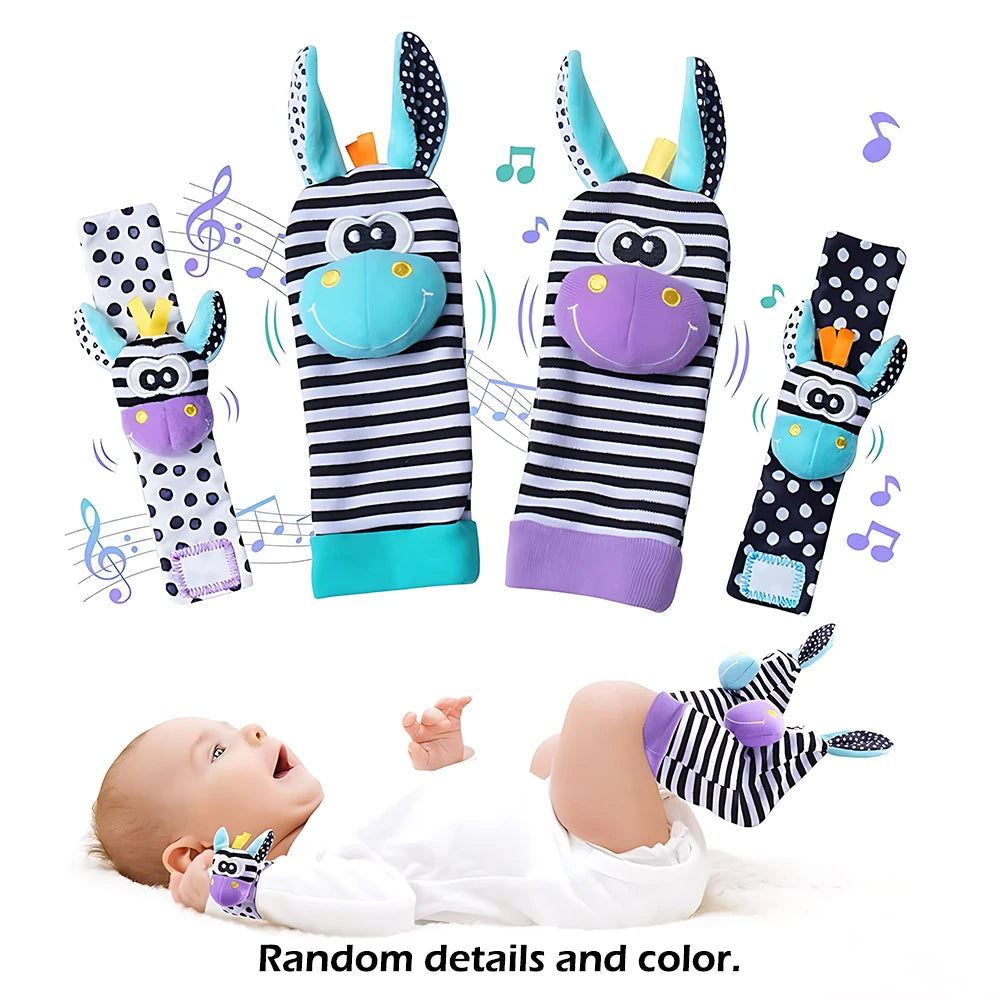 Set de 4 piezas de juguetes sonajeros para bebés: adorables animales de peluche, sonajeros de muñeca y calcetines localizadores de pies (0-24 meses); regalo para bebés recién nacidos, niños y niñas.