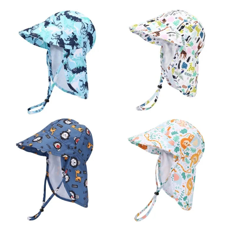 Nuevo sombrero tipo pescador de verano para niños y niñas; diseño de dibujos animados, malla transpirable, protección UV y ala protectora para la playa.