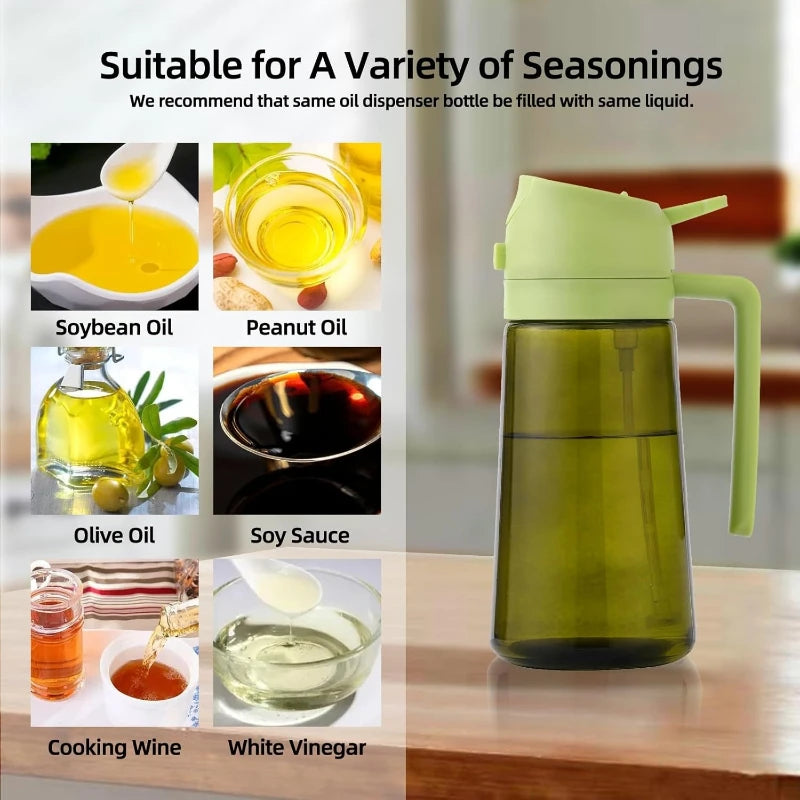 Dispensador de aceite de oliva de plástico para cocina, accesorio para freidora de aire, pulverizador de aceite para cocinar, botella verde oscuro que bloquea la luz.
