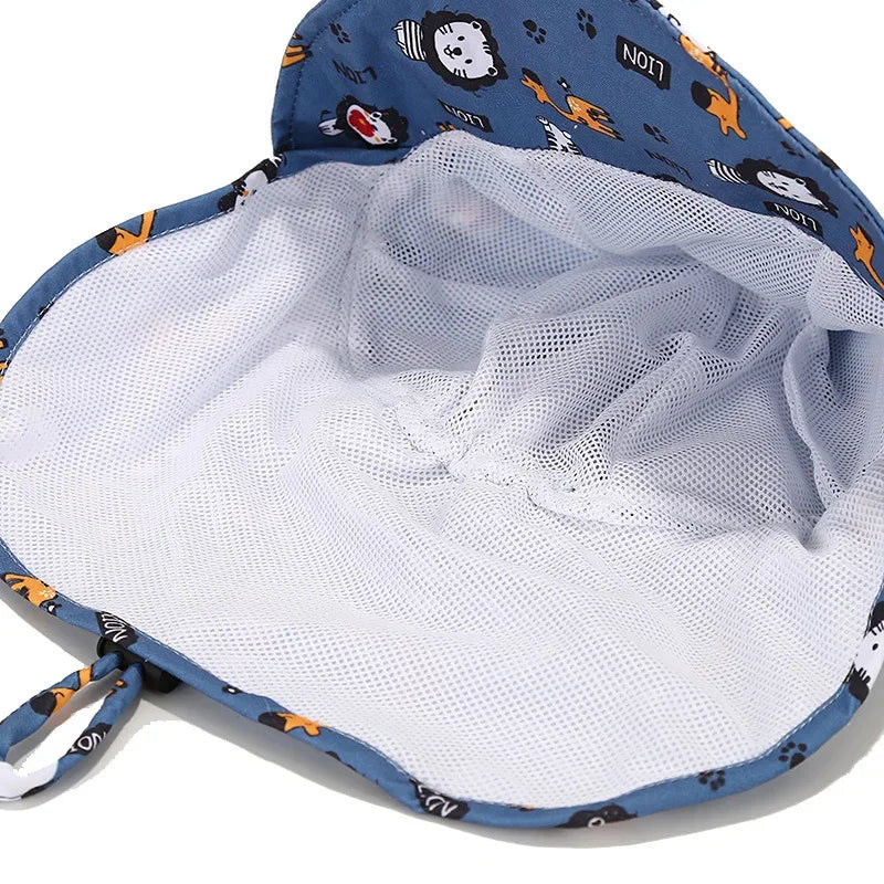 Nuevo sombrero tipo pescador de verano para niños y niñas; diseño de dibujos animados, malla transpirable, protección UV y ala protectora para la playa.