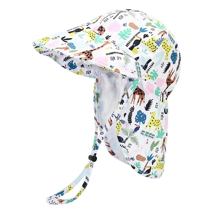 Nuevo sombrero tipo pescador de verano para niños y niñas; diseño de dibujos animados, malla transpirable, protección UV y ala protectora para la playa.