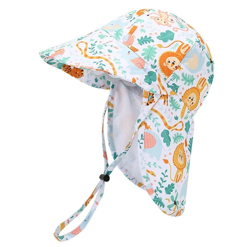Nuevo sombrero tipo pescador de verano para niños y niñas; diseño de dibujos animados, malla transpirable, protección UV y ala protectora para la playa.