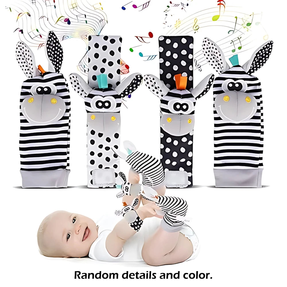 Set de 4 piezas de juguetes sonajeros para bebés: adorables animales de peluche, sonajeros de muñeca y calcetines localizadores de pies (0-24 meses); regalo para bebés recién nacidos, niños y niñas.