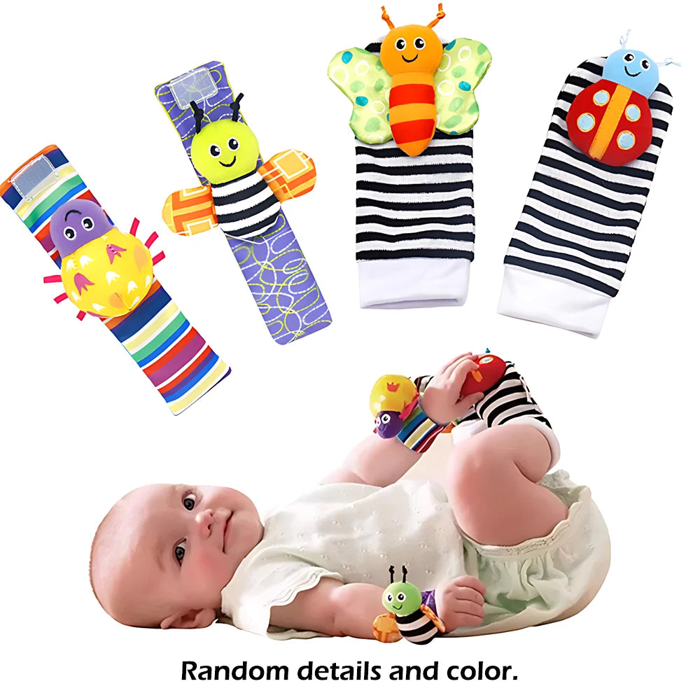 Set de 4 piezas de juguetes sonajeros para bebés: adorables animales de peluche, sonajeros de muñeca y calcetines localizadores de pies (0-24 meses); regalo para bebés recién nacidos, niños y niñas.