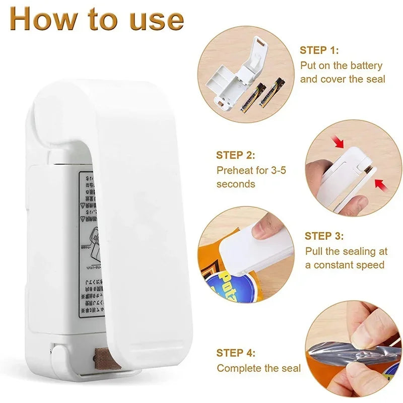 Mini heat bag sealer, portable sealer for plastic packaging and food bags, thermal sealing machine for food preservation.