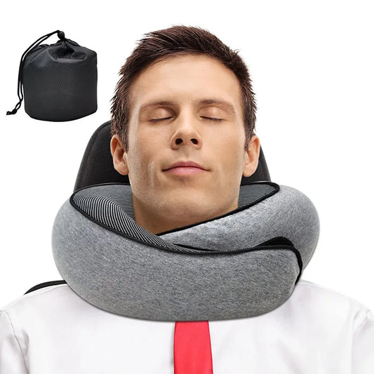Almohada cervical de viaje de espuma viscoelástica en forma de U, estilo caracol, soporte cervical portátil ajustable y suave para dormir durante los viajes o descansar al mediodía.