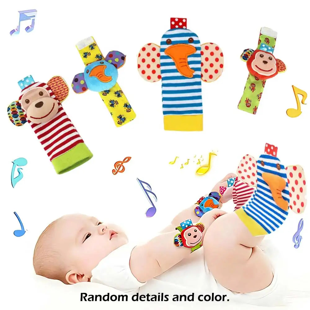 Set de 4 piezas de juguetes sonajeros para bebés: adorables animales de peluche, sonajeros de muñeca y calcetines localizadores de pies (0-24 meses); regalo para bebés recién nacidos, niños y niñas.